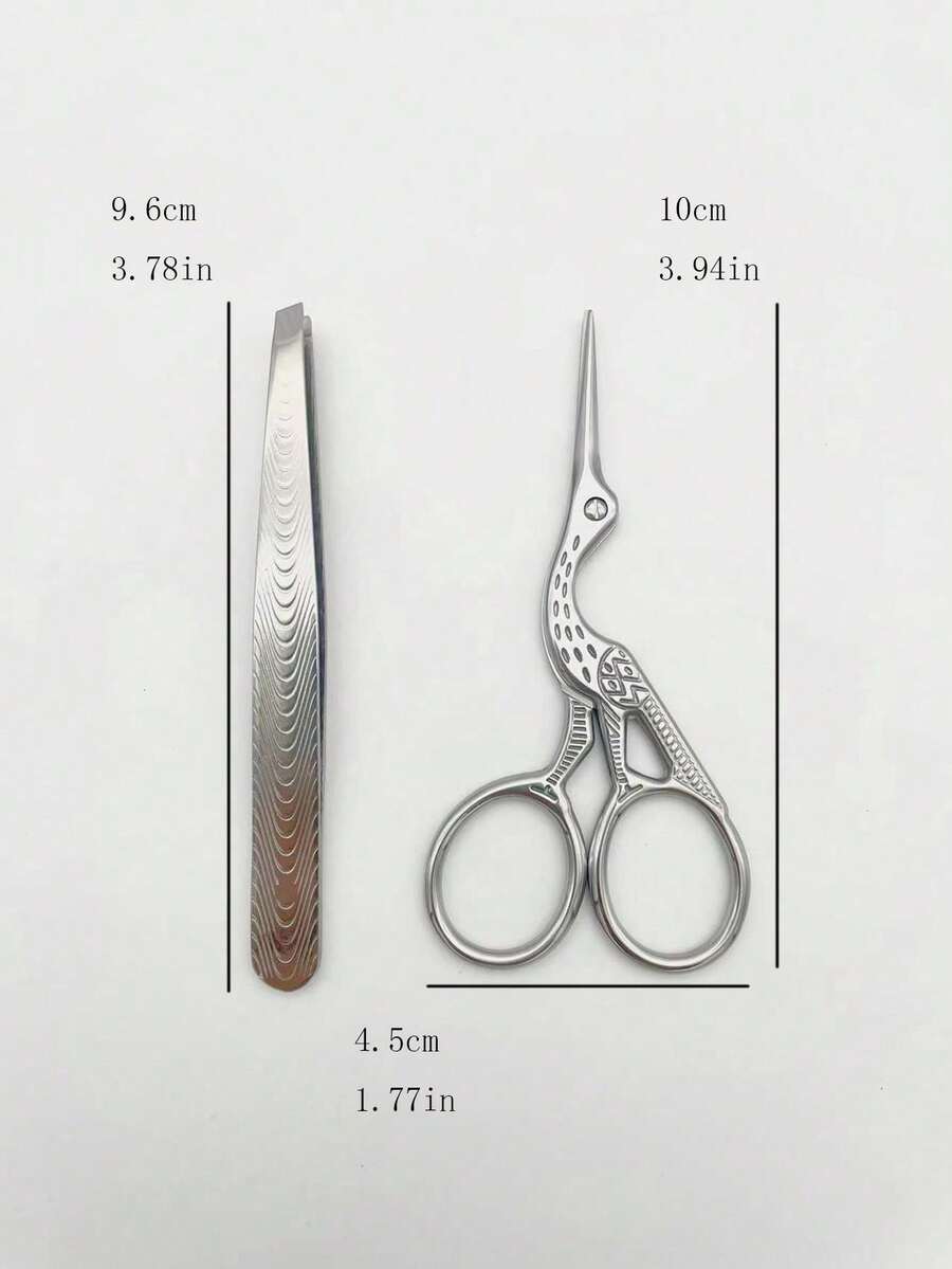2pcs/Set, Silver Crane Scissors + Salmon Clamp, Eyebrow Trimmer