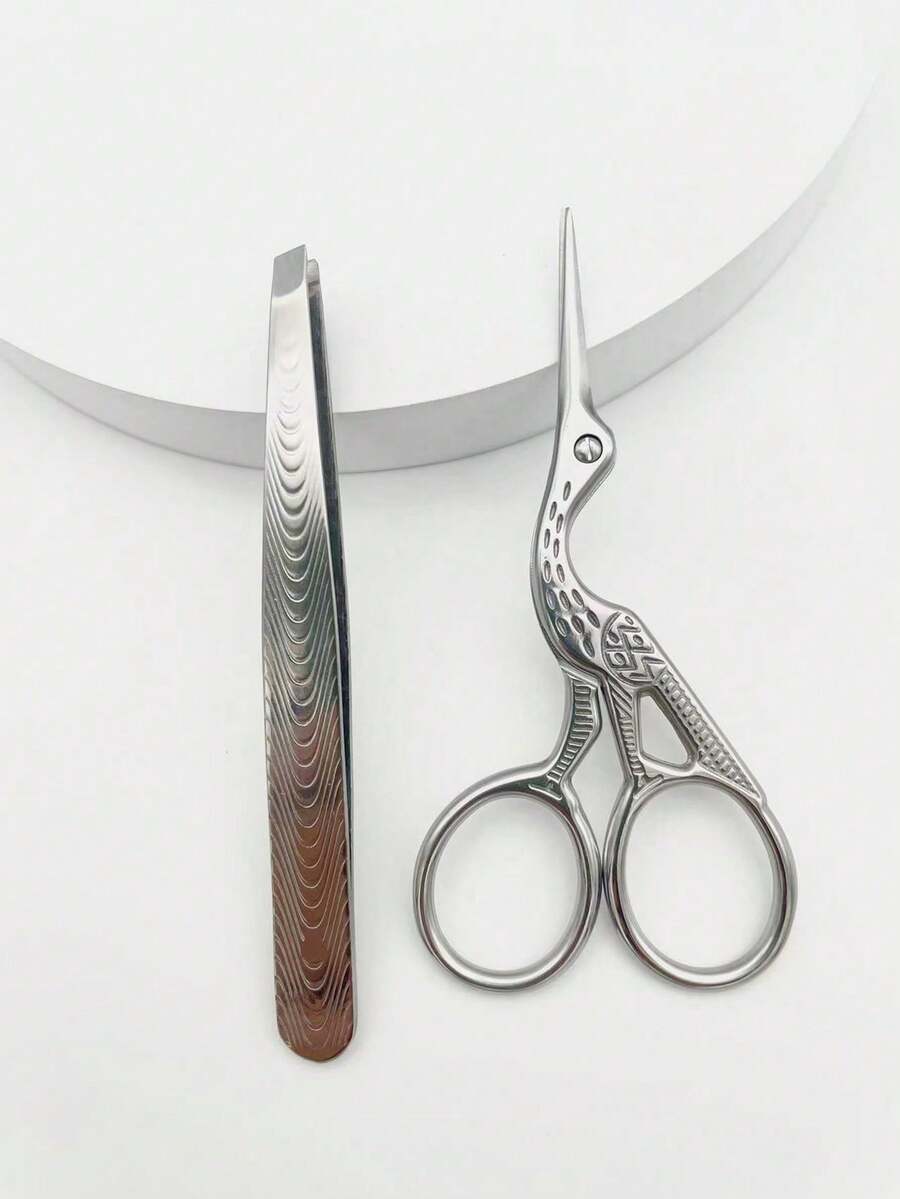 2pcs/Set, Silver Crane Scissors + Salmon Clamp, Eyebrow Trimmer