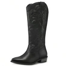 PENNYSUE Women Cowboy Boots Mid Calf Cowgirl Boots Embroidered Western Pointed Toe Chunky Heel Pull On Knee High Boots - màu đen - Xem 5