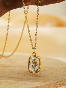 Dây chuyền mặt hình bầu dục mạ vàng cổ điển tráng men hoa cho phụ nữ Dây chuyền bằng thép không gỉ Quà tặng - Nhiều màu - Xem 14