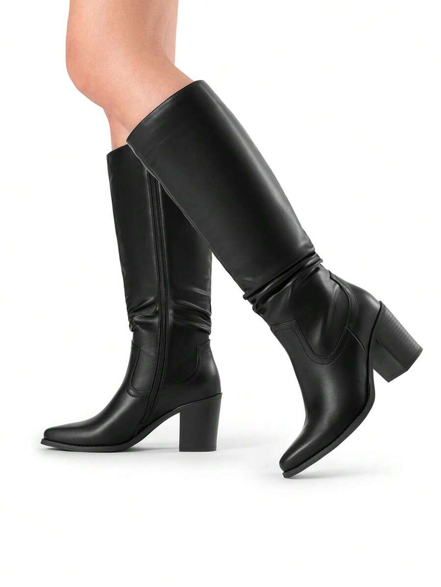 Women's Knee-High Boots, Comfortable Chunky Block Heel Pointed Toe Pull On Side Zipper Suede Slouch Riding Boots - 黑PU - 查看 1
