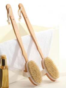 1 chiếc bàn chải tắm cán gỗ, bàn chải lông lợn, bàn chải cầm tay, bàn chải massage lông mềm có thể tháo rời - Màu Khaki - Xem 2