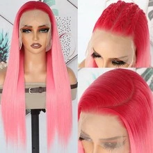 13X6 Ombre Pink Lace Front Wigs 28 Inch Pre Plucked Long Straight Hair Wigs Free Part Pink Red Hair Glueless Pink Ombre Colored Wigs Heat Resistant Fiber Hair Long Silky Straight Synthetic Lace Front Wigs For Fashion Women For Daily Christmas Party Cosplay Use - 漸層粉紅色 - 查看 8