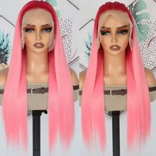 13X6 Ombre Pink Lace Front Wigs 28 Inch Pre Plucked Long Straight Hair Wigs Free Part Pink Red Hair Glueless Pink Ombre Colored Wigs Heat Resistant Fiber Hair Long Silky Straight Synthetic Lace Front Wigs For Fashion Women For Daily Christmas Party Cosplay Use - 漸層粉紅色 - 查看 2