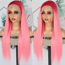 13X6 Ombre Pink Lace Front Wigs 28 Inch Pre Plucked Long Straight Hair Wigs Free Part Pink Red Hair Glueless Pink Ombre Colored Wigs Heat Resistant Fiber Hair Long Silky Straight Synthetic Lace Front Wigs For Fashion Women For Daily Christmas Party Cosplay Use - 漸層粉紅色 - 查看 3