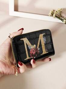 Cartera organizadora de tarjetas con cremallera alrededor, estampado de flores y hojas en acuarela, letras del alfabeto con relieve de piedra y estampado de cocodrilo, de múltiples capas, portátil y minimalista, ideal como regalo de aniversario, cumpleaños, para pareja, niña, mujer, para llevar a la escuela, universidad o como complemento de moda - Negro - Ver 20