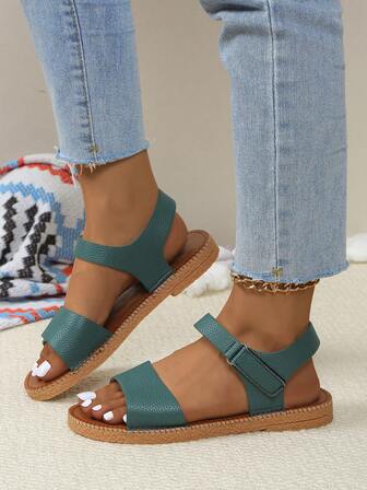 全新韩版软底时尚钩环简约轻便休闲户外系带凉鞋，女士平底沙滩鞋