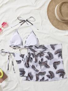 Women Tropical Plant Printed Tie Neck Halter Bikini Set & Cover Up Skirt, For Summer Beach Vacation