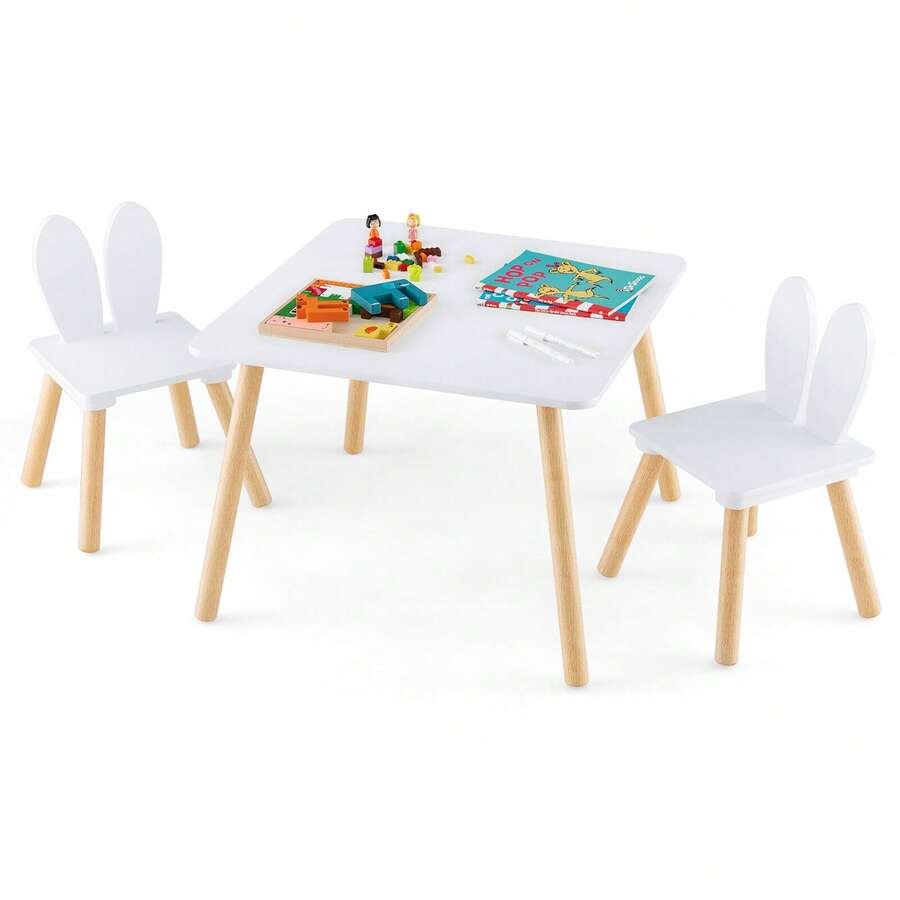 Homasis 3 Pieces Kids Table & Chairs Set Children Wooden Furniture Set W/Solid Wood Legs - White - View 1
