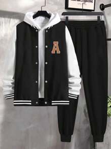 2 Stück/Set Lässige, locker geschnittene, stilvolle zweifarbige Outdoor Sport Jacke mit Reißverschluss und Aufdruck für Teenager Jungen, sowie einfarbige Hose mit Tasche und Kordelzug, für Frühling/Herbst/Winter - Schwarz - Übersicht 2