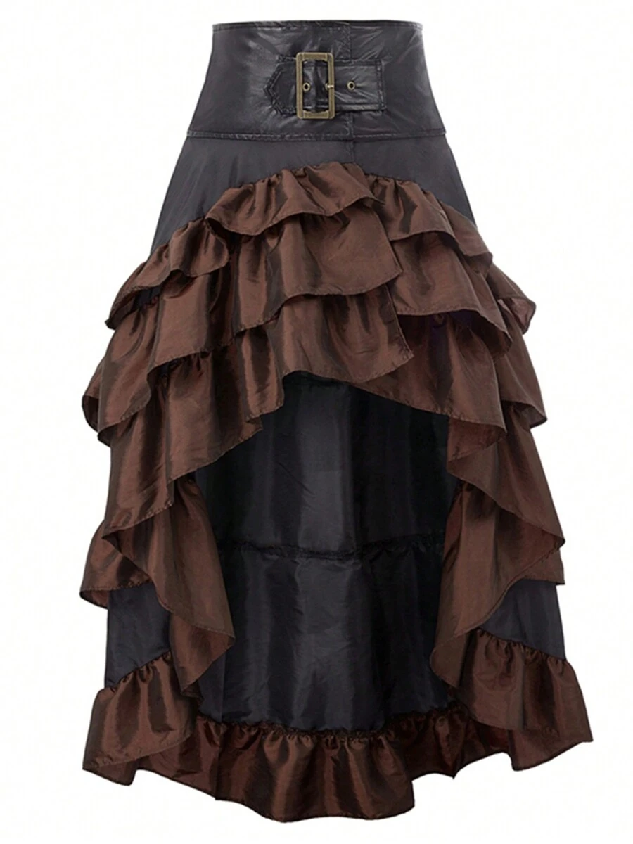 Women's Plus Size Gothic Steampunk Skirt Renaissance Style High-Low Belted Skirt Victorian Skirt Cosplay Costume - 棕褐色 - 查看 1