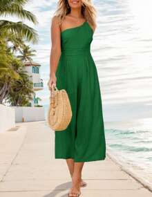 Mono informal de mujer con tirantes, un hombro, cintura alta y pierna ancha - Verde - Ver 1