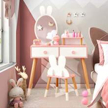 Homasis Kid Vanity Set Makeup Table Stool With Drawer Shelf Wood Leg Rabbit Mirror - White - View 3