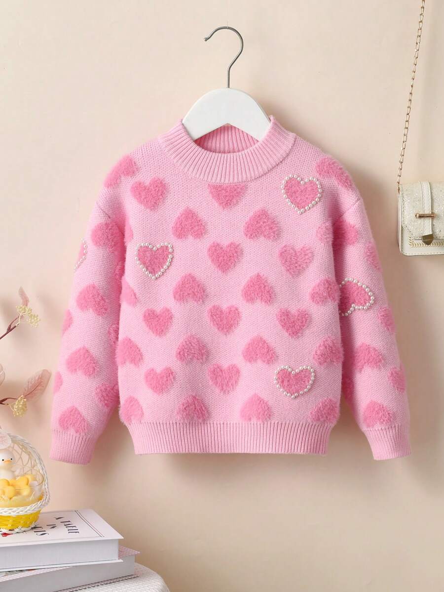 Young Girl Elegant Heart Pattern Thick Knitted Pullover Sweater, Suitable For School In Spring, Autumn, Winter - Pink - View 1