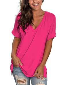 Women's Tshirts Casual V Neck Short Sleeve Loose Summer Tunic Tops - Hot Pink - View 1