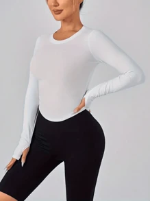 T-shirt casual, fitness, sport extérieur, extensible et doux, à manches longues, col rond, couleur unie, pour femmes, printemps/été
