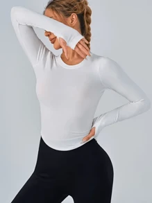 T-shirt casual, fitness, sport extérieur, extensible et doux, à manches longues, col rond, couleur unie, pour femmes, printemps/été