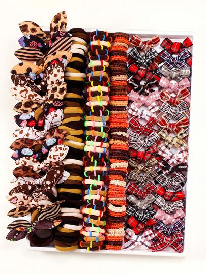 VBOOR 12/24/190件套摩卡格纹Y2K蝴蝶结发饰套装，包含格纹蝴蝶结和摩卡兔耳发圈，完美打造Y2K或魅力派对造型，适合日常和派对佩戴。蝴蝶结采用涤纶纤维制成。享受完美的购物体验，适合上学、优雅、大学、送礼、可爱、发带等场合。