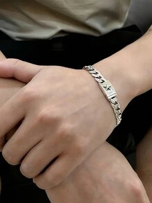 1 件 925 纯银时尚潮流复古摇滚朋克五角星坦克链手链，适合男士日常佩戴 - 復古銀色 - 查看 8