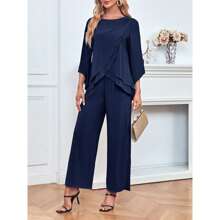 Women's Chiffon 2 Pcs Mother Of The Bride Pant Suits Asymmetrical Hem Tops And Pants Wedding Party Prom Outfit Christmas Gift & New Year Gift - Navy Blue - View 3