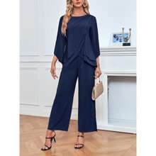 Women's Chiffon 2 Pcs Mother Of The Bride Pant Suits Asymmetrical Hem Tops And Pants Wedding Party Prom Outfit Christmas Gift & New Year Gift - Navy Blue - View 2