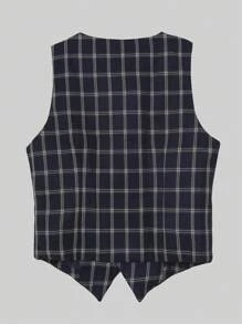 Traje de 3 piezas con chaqueta de solapa, pantalón y chaleco, con estampado de cuadros básico y manga larga - Negro - Ver 3