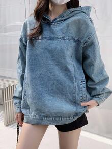 女士秋季休闲落肩长袖连帽牛仔上衣