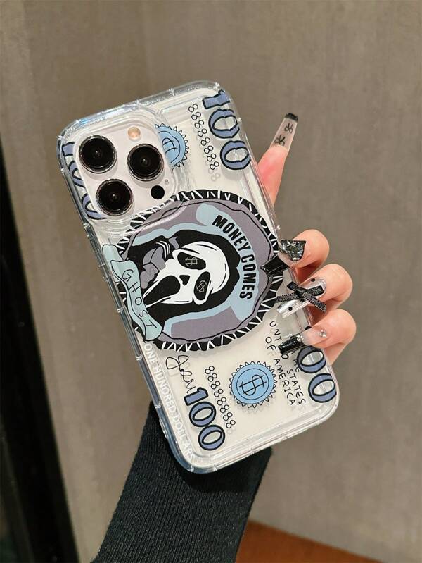 Skull & Dollar Bill Print Transparent TPU Soft Phone Case, Compatible With Iphone 11/12/13/14/12 Pro Max/14 Pro/15/X/XR/7/8Plus, Fashionable Protective Cover Waterproof Shockproof Anti-Fall Scratch Resistant