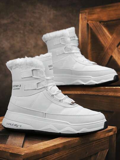 Men's Outdoor Sports Shoes Boots, Casual Lace-Up Fashion Niche Thick Sole Elevated Non-Slip Durable Snow Boots With Fur Lining Warm Thick, Outdoor Wind-Proof Motorcycle Boots For Winter