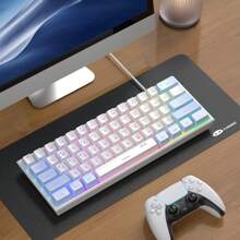 Teclado De Membrana De Computadora De Oficina Portátil Pequeño Con Retroiluminación Rgb De 61 Teclas Y Tamaño Compacto Alámbrico (compatible Con Pc, Portátil Y Jugador) - Azul-blanco