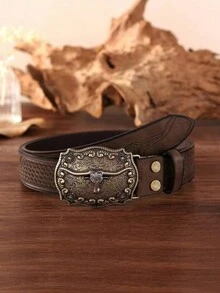 卡其色通用皮带配牛头扣，波西米亚复古休闲PU皮带，腰带身带螺丝，耐用个性百搭帅气铆钉，结实耐用，适合牛仔裤日常使用 - 卡其色 - 查看 4