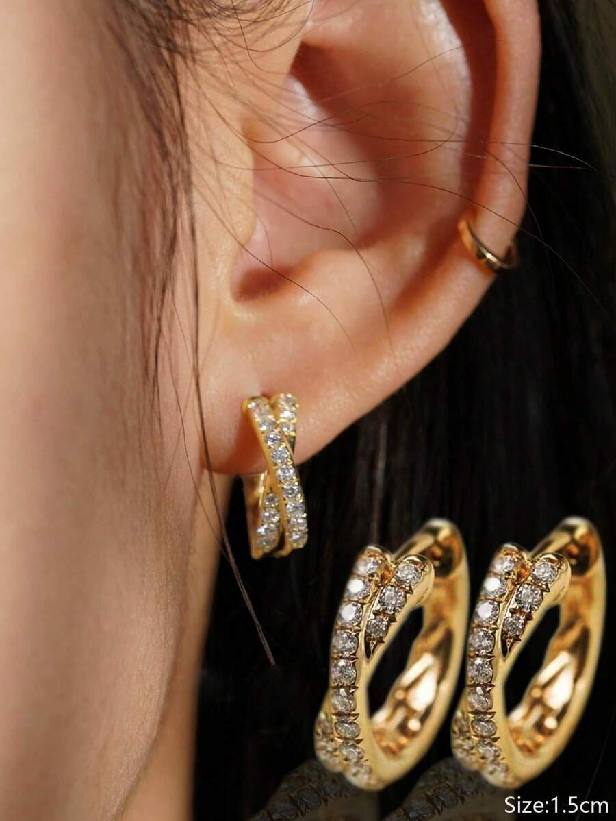 1 Pair S925 Sterling Silver Crossed Cubic Zirconia Double Hoop Earrings, Luxury European & American Fashion, Suitable For Work And Daily Wear, Perfect Gift For Friends And Lovers, Women's Fine Jewelry