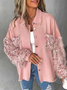 ChicMe Sequin Patchwork Casual Jacket, Long Sleeve Button Front Fringe Denim Shirt Style Outerwear - Pink - View 5