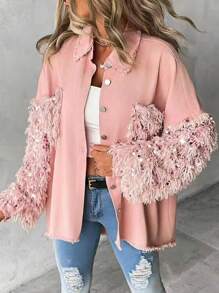 ChicMe Sequin Patchwork Casual Jacket, Long Sleeve Button Front Fringe Denim Shirt Style Outerwear - Pink - View 4