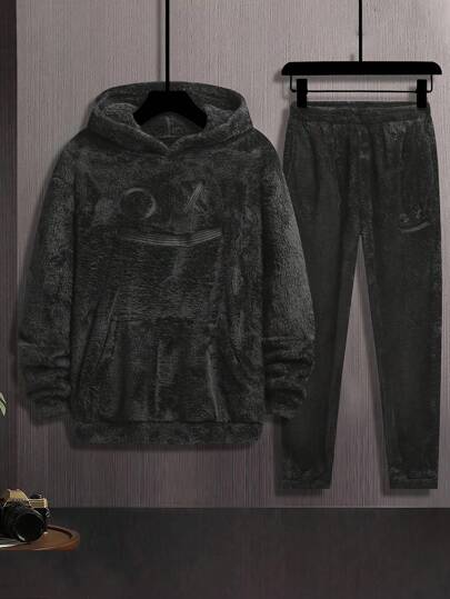 Men's Fashionable Casual Versatile Furry Embroidered Graphic Sweatsuit, Fall Clothes Winter