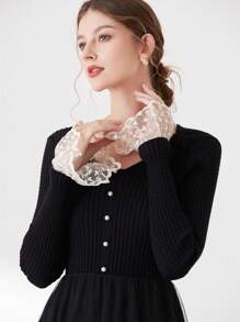 1pair Women's Beige Lace Trim Decorative Sleeve Cuffs, Casual - Multicolor - View 8