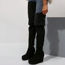 大码女式高跟及膝靴，绒面革侧拉链厚底粗跟时尚裤靴，适合秋冬季 - 黑色 - 查看 7