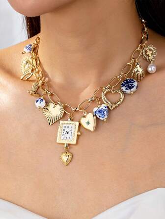 1 件手工制作多饰项链，配仿表盒、陶瓷心形珠饰和十字牛仔靴吊坠，随机形状和颜色情人节