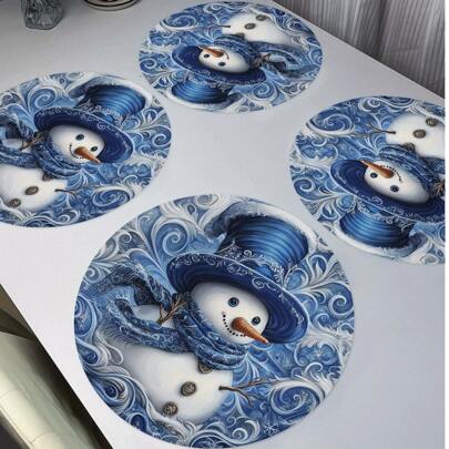 6pcs/4pcs/1pc Christmas Mandala Style Circular Placemat, Holiday Party Decoration Circular Table Mat, Blue Snowman Pattern Design, 15 Inch Linen Material Placemat, Non Slip, Washable, Heat-Resistant, Suitable For Parties, Kitchens, Restaurants, Christmas Decoration,Christmas|Christmas Decorations|Christmas Decor|Party Decorations|Party|Party Favors|Festival Decor