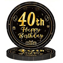 10pcs/20pcs Black And Gold 40th Birthday Party Supplies 40 Years Old Paper Plates Napkins Birthday Party Decorations Tableware For Men And Women Birthday Table Decorations, For Christmas Party, - Multicolor - View 12