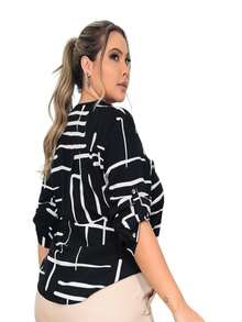 PLUS SIZE WOMEN'S SHIRT 3/4 SLEEVE PRINT VISCOLIN - 幾何黑 - 查看 2