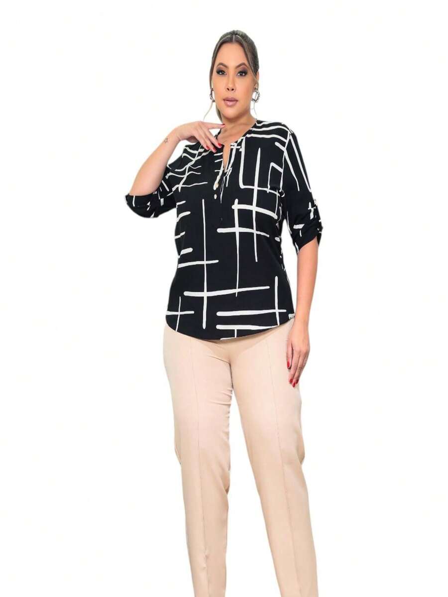PLUS SIZE WOMEN'S SHIRT 3/4 SLEEVE PRINT VISCOLIN - 幾何黑 - 查看 1