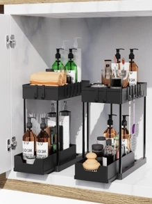 1PC Đen Dưới Bồn Rửa Tổ Chức, Tám Móc Lưu Trữ Kệ, Đôi Trượt Dưới Bồn Rửa Tổ Chức Và Ngăn Kéo Lưu Trữ 2 Tầng Dễ Dàng Truy Cập Đa Năng Tổ Chức Tủ Trượt Ra Cho Phòng Tắm, Giá Lưu Trữ Nhà Bếp, Giá Lưu Trữ Nhà Bếp Gia Đình - màu đen - Xem 4
