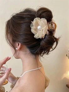 1 件装女士珍珠和网状花朵装饰发爪夹，发爪发夹，适用于发髻发型配件 - 彩色 - 查看 2