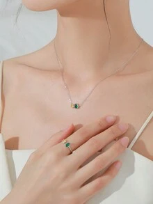 1 件 925 纯银黄色和绿色锆石开口可调节戒指，适合女士时尚情人节礼物 - 銀色 - 查看 5