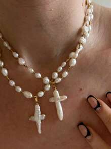 1Pc Pearl Cross Shell DIY Necklace Retro Baroque Style Necklace, Jewelry Gift To Friends - White - View 12