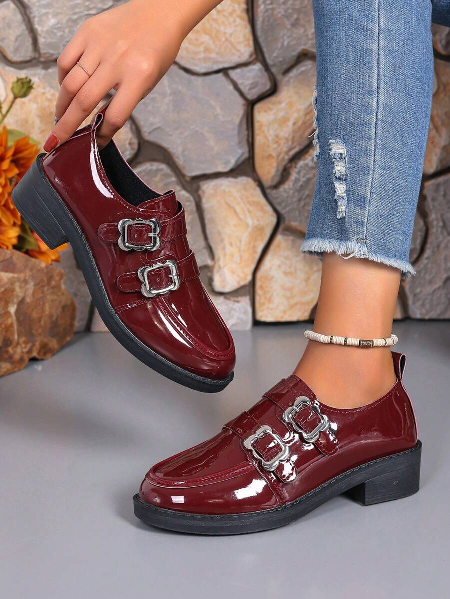 2024 春秋英伦风厚底粗跟小皮鞋女款百搭搭配裙子复古乐福鞋圆头玛丽珍鞋一脚蹬厚底鞋校园风 - 紅色 - 查看 1