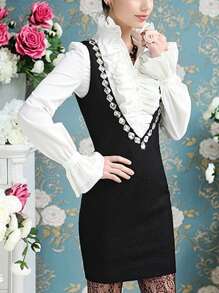 Women Vintage Victorian Shirts Stand Collar Frilly Ruffle Button Down Blouses Retro Flared Sleeve Tops - White - View 4