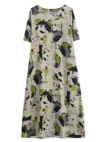 女士中长连衣裙，抽象印花，圆领，短袖，带口袋，采用无弹力梭织面料，阿拉伯风格 - 彩色 - 查看 3