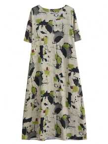 Vintage Print Artistic Midi Dress With Short Sleeves, Mid-Length, For Women